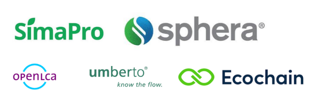 Logos of LCA software providers like SimaPro, Sphera, Ecochain, OpenLCA and Umberto